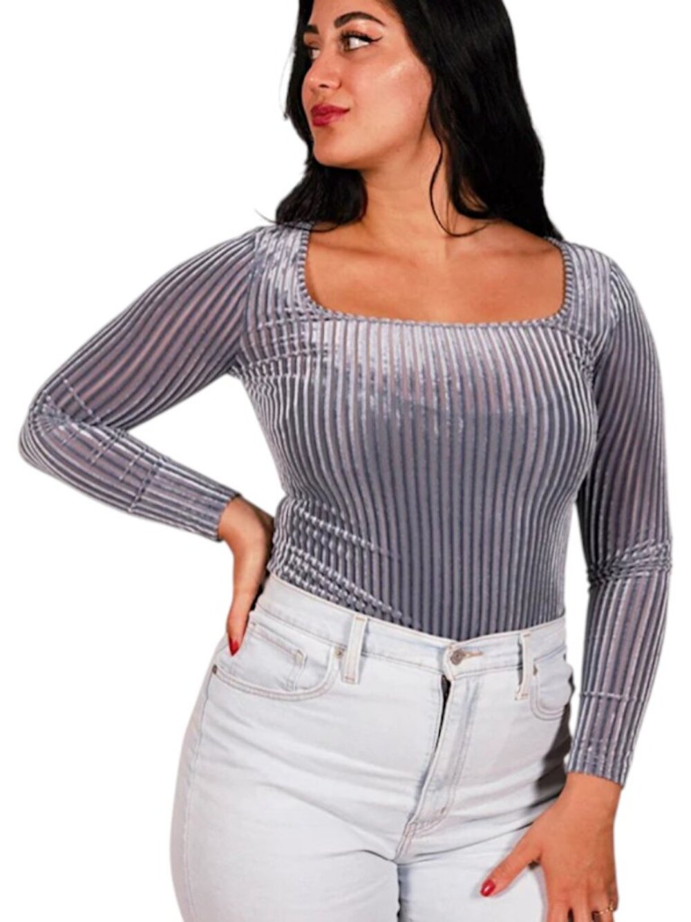 Sophie Rue NWT Dusty Blue Velvet Ribbed Square Neck Bodysuit Women's Size M
